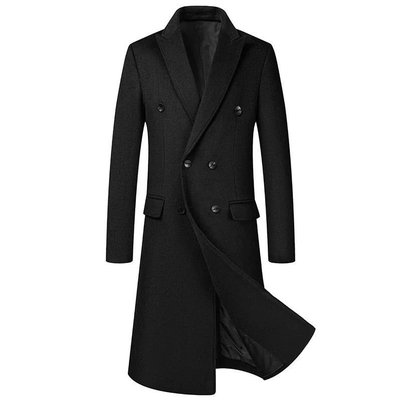 Men's Double Breasted Wool Blend Trench Coat - Smart Casual Winter Outerwear