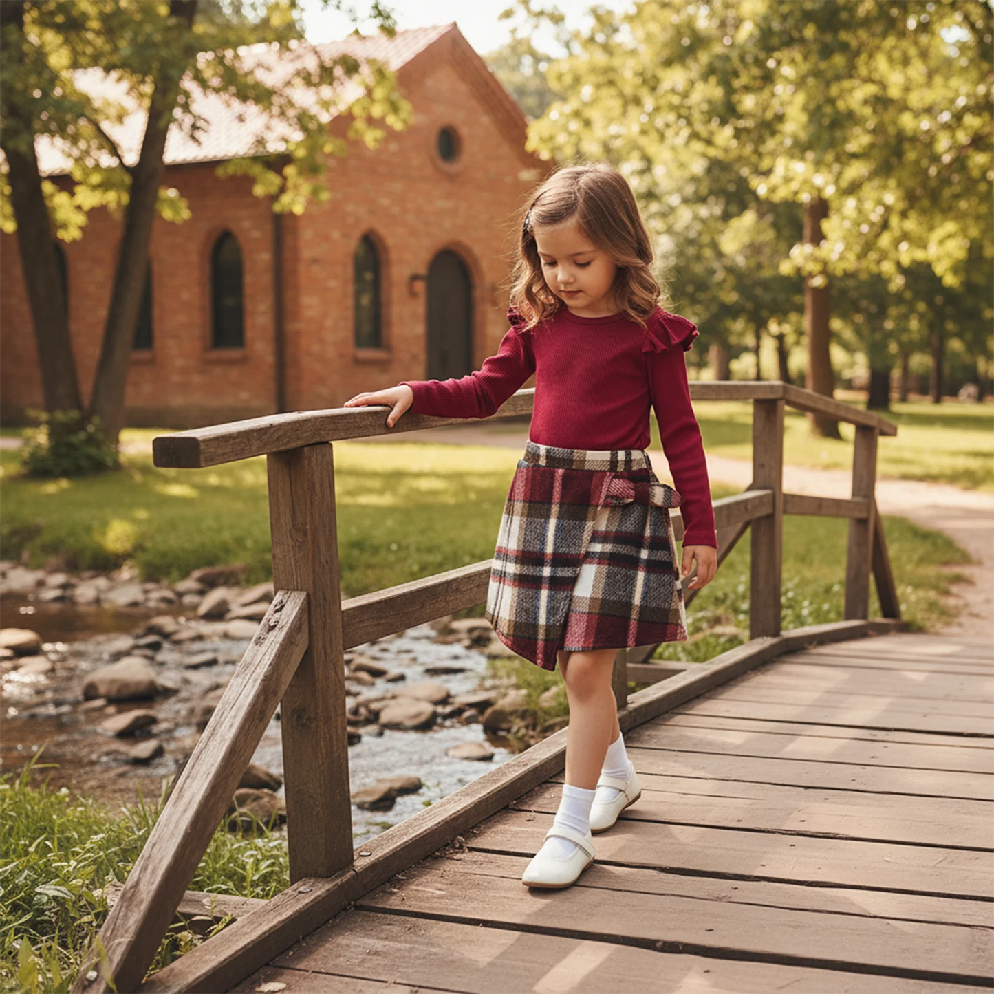 Toddler Girls Spring Outfit Set - Ruffle Ribbed Top & Plaid Skirt (1-5Y)