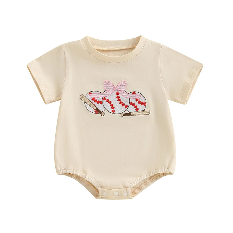 Baby Girls Boys Summer Romper Short Sleeve Round Neck Bow Baseball Embroidery Bodysuit Jumpsuit Babygrow