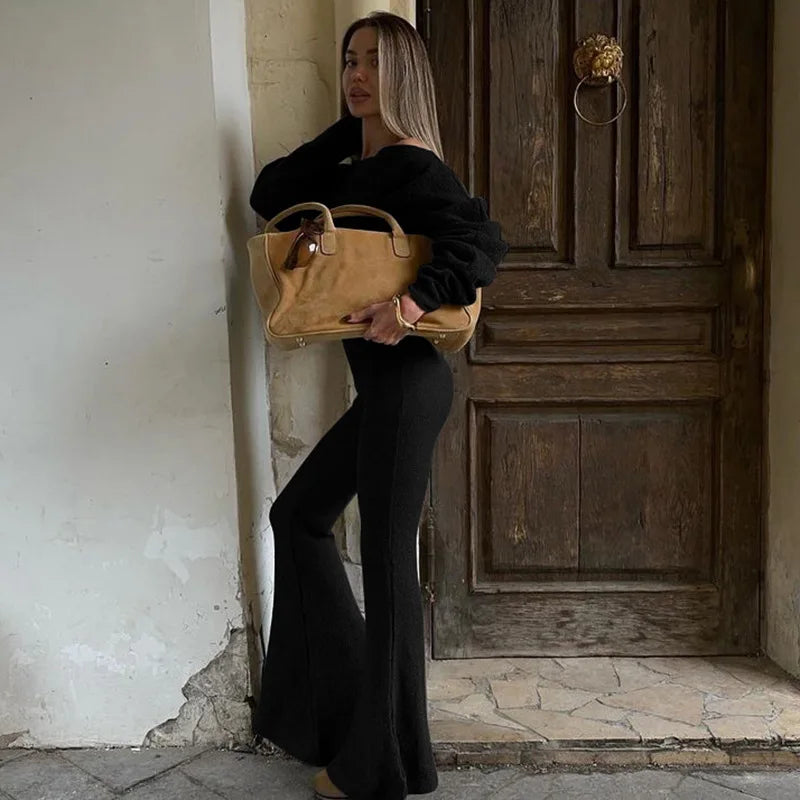 Women's Two Piece Set Asymmetrical Top and Flare Pant Matching Loungewear Set
