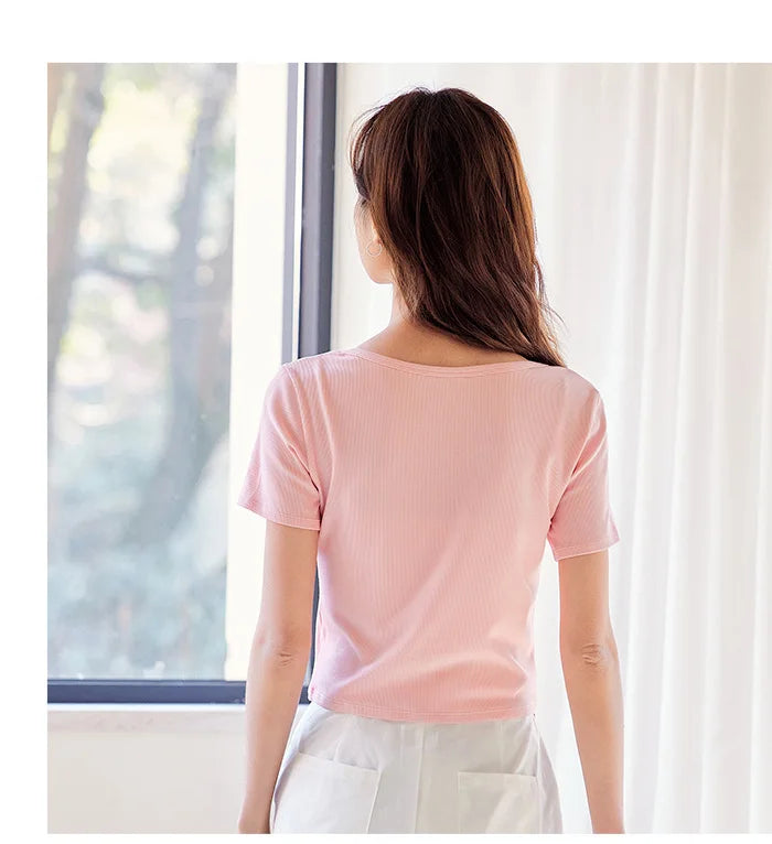 Women's Square Neck Short-Sleeved Slim Fit Top - Versatile Layering Piece