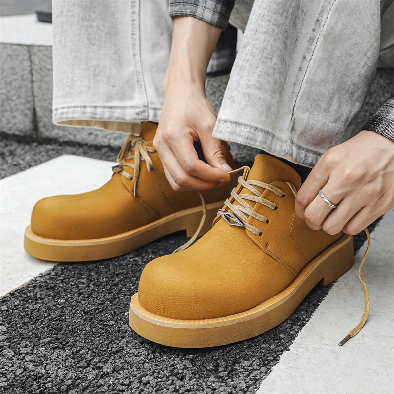 Men's Platform Leather Sneakers - Lace-Up Work Shoes