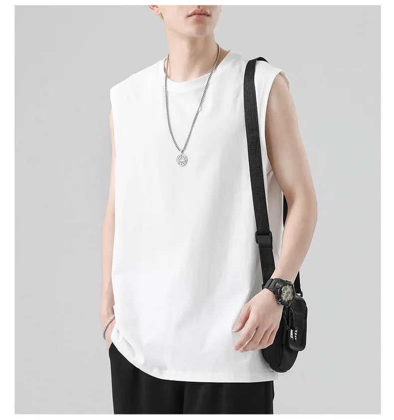 Men's Summer Cotton Sleeveless Loose Vest Sports Comfortable Breathable Round-Neck Tank Top