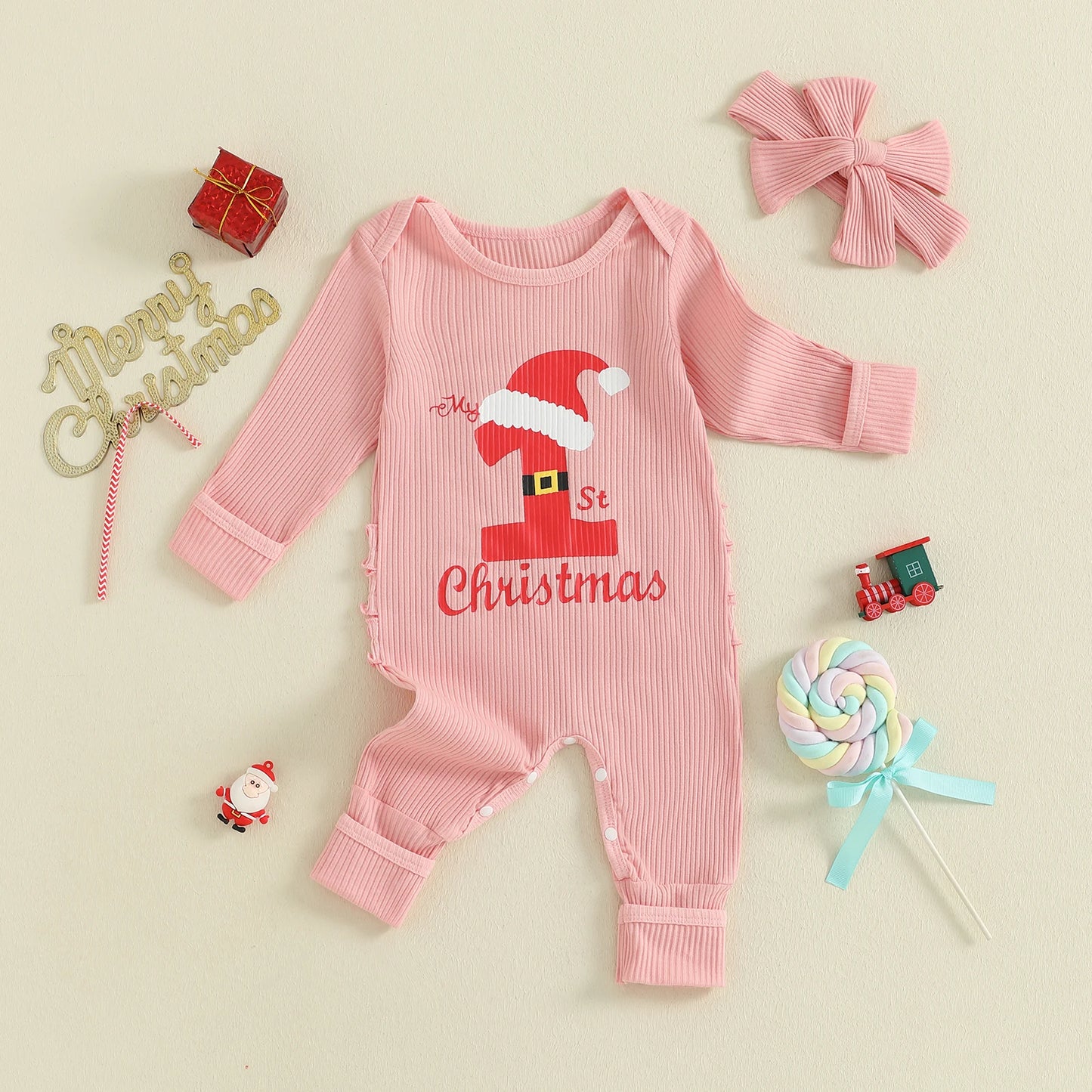 Baby Christmas Romper - Letter Hat Print Long Sleeve Jumpsuit with Headband (0-18M)