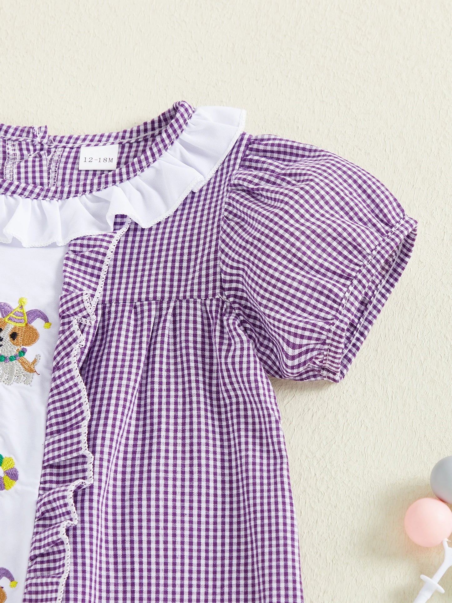 Girls Plaid A-Line Dress - Cartoon Embroidered Ruffle Trim Short Sleeve