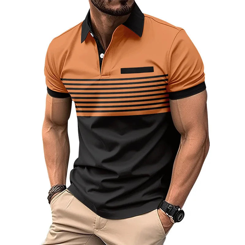 Men's Summer Polo Patchwork Short Sleeve Smart Casual Striped Turn Down Collar Shirt