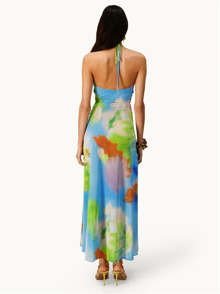 Women's Bandage Halter Backless Print Hollow Slim Long Sleeveless Strap Beach Dress