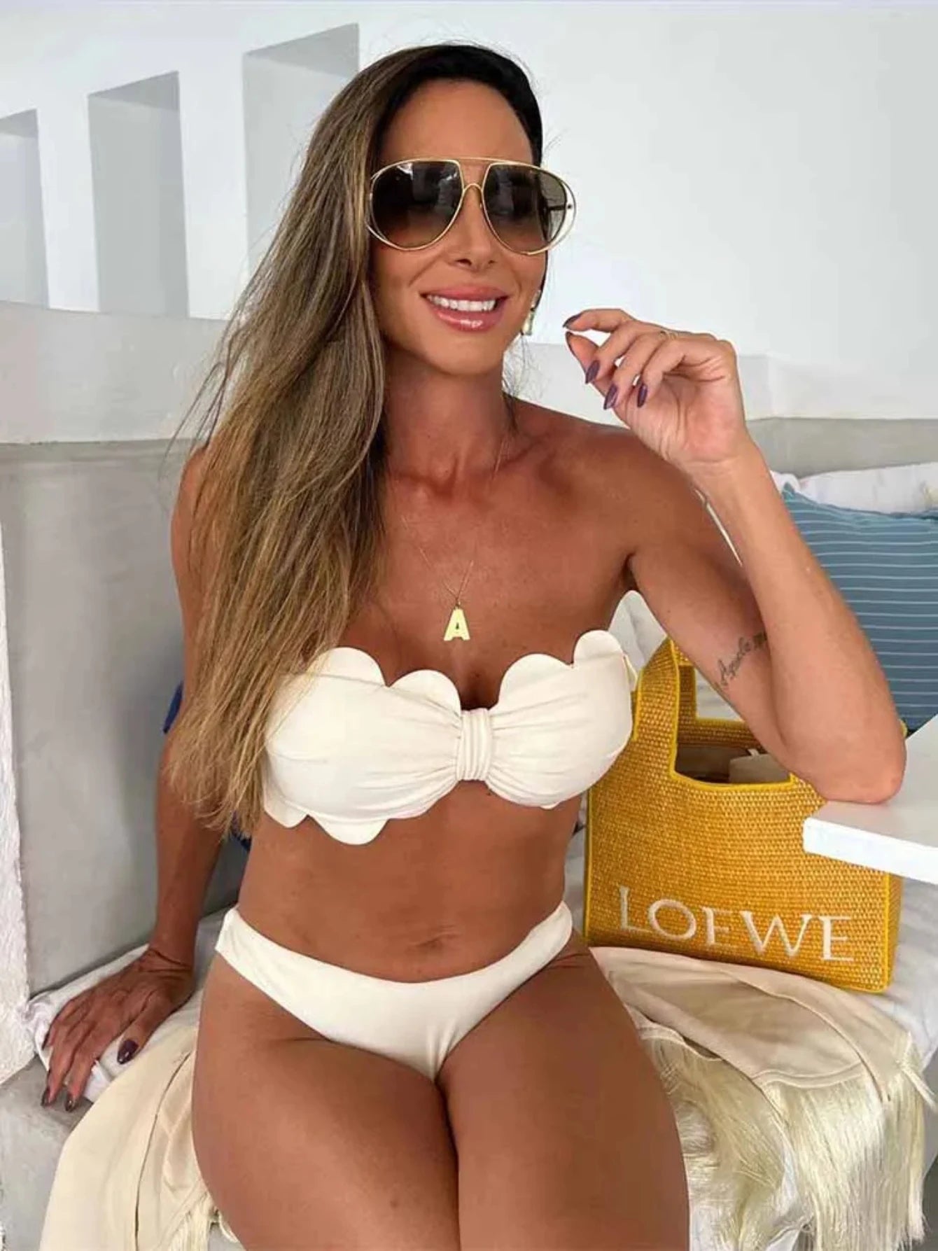 Women's Strapless Tie-Flower Crop Top & High Waist Wide Leg Trousers Set