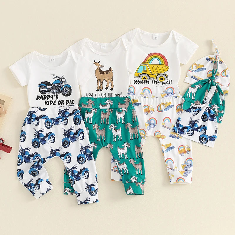 0-18M 3pcs Baby Boys Western Clothes Set - Cow/Cartoon Letter Print Short Sleeve Romper with Pants and Hat