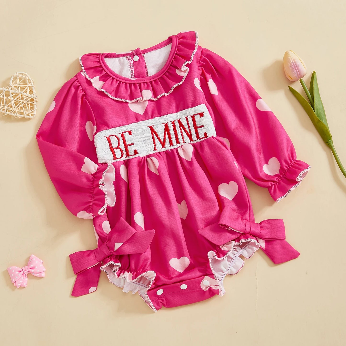 Baby Girls Valentine's Day Romper - Heart Print with Letter Embroidery & Bow (0-24M)