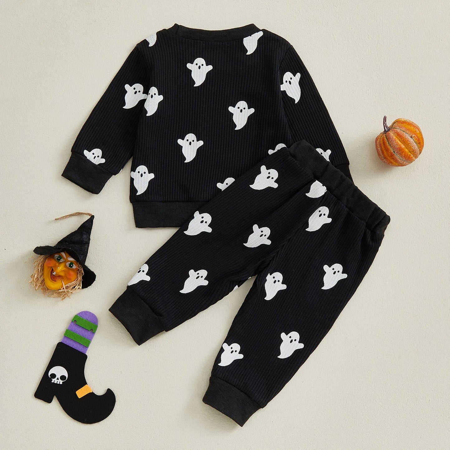 Toddler Boy's Halloween Outfit Set - Ghost Print Sweatshirt & Elastic Pants