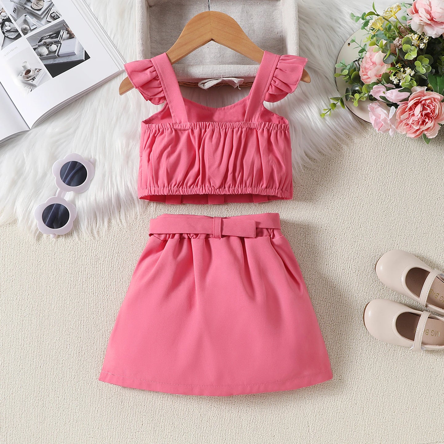 1-6Y Girls Summer Fashion Clothes Sets -  Ruffles Fly Sleeve Solid Tops Elastic Waist Pleated Mini Skirt with Belt