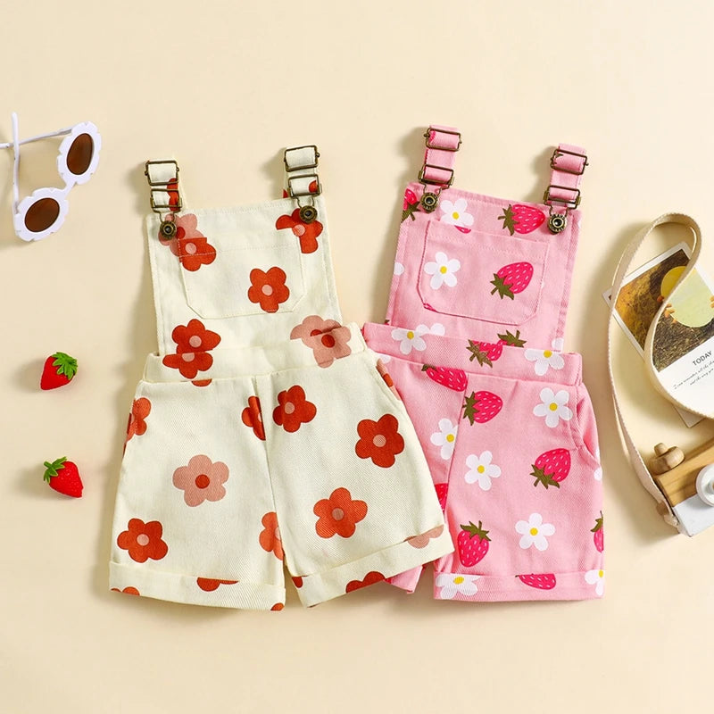 0-6Y Girls Denim Overalls Shorts Sleeveless Flower/Strawberry Print Strap Jeans Suspender Outfit