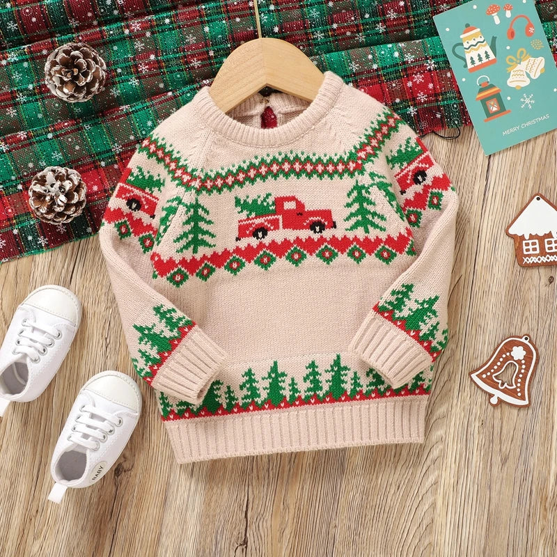 0-3Y Infant Baby Boys Christmas Sweaters Long Sleeve Round Neck Xmas Trees Embroidery Knit Pullovers Jumper Top