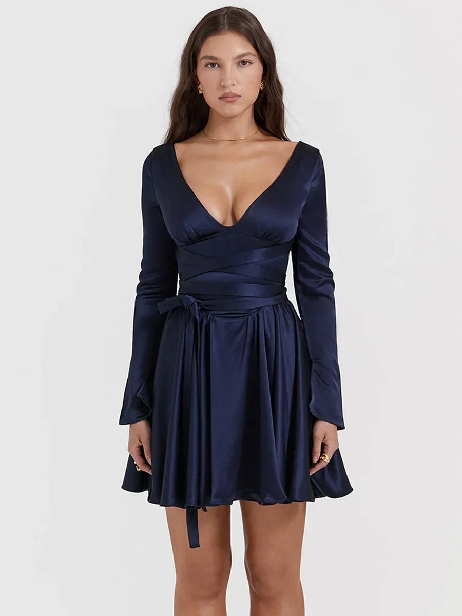 Women's Long Sleeve V Neck Belt Party Dress