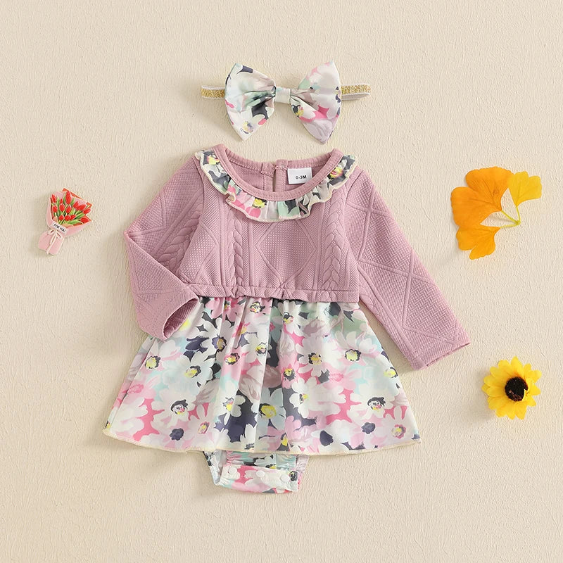 0-18M Baby Girl 2Pcs Fall Romper Dress - Long Sleeve Floral Print Knit Jumpsuits with Headband