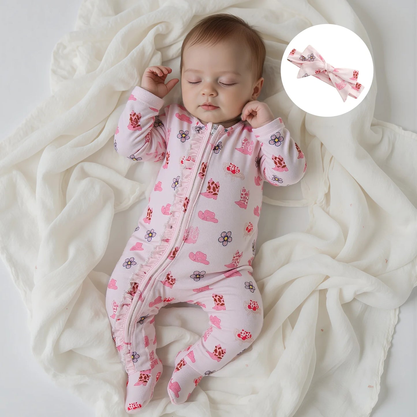 Baby Fall Winter Romper with Floral Hat Print - Zip Up Footed Jumpsuit & Headband (0-18M)