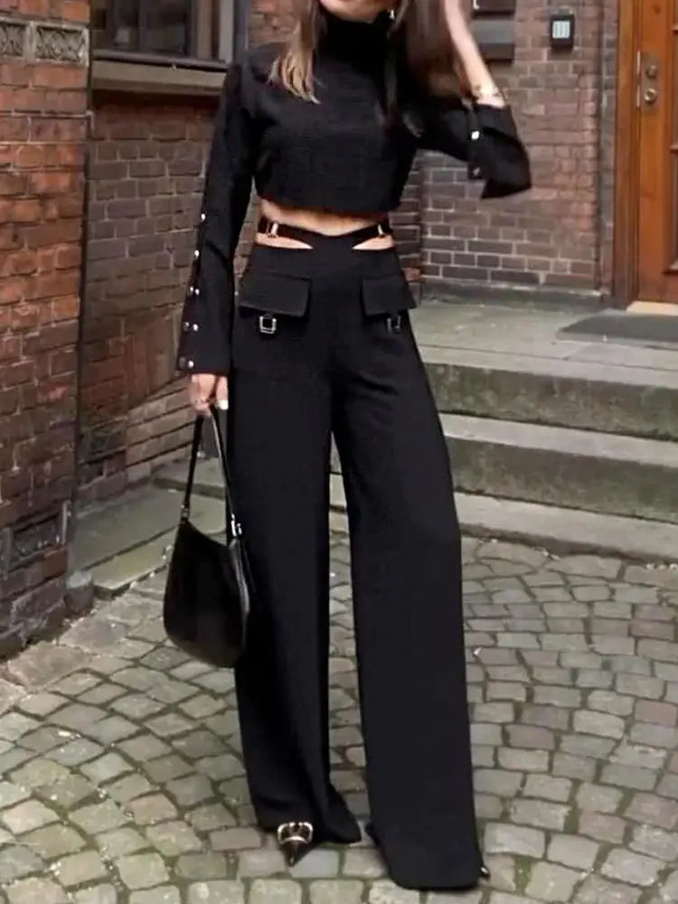 Women's Crossover Two Piece Set with High Collar Long sleeves  Wide Leg Pants Set