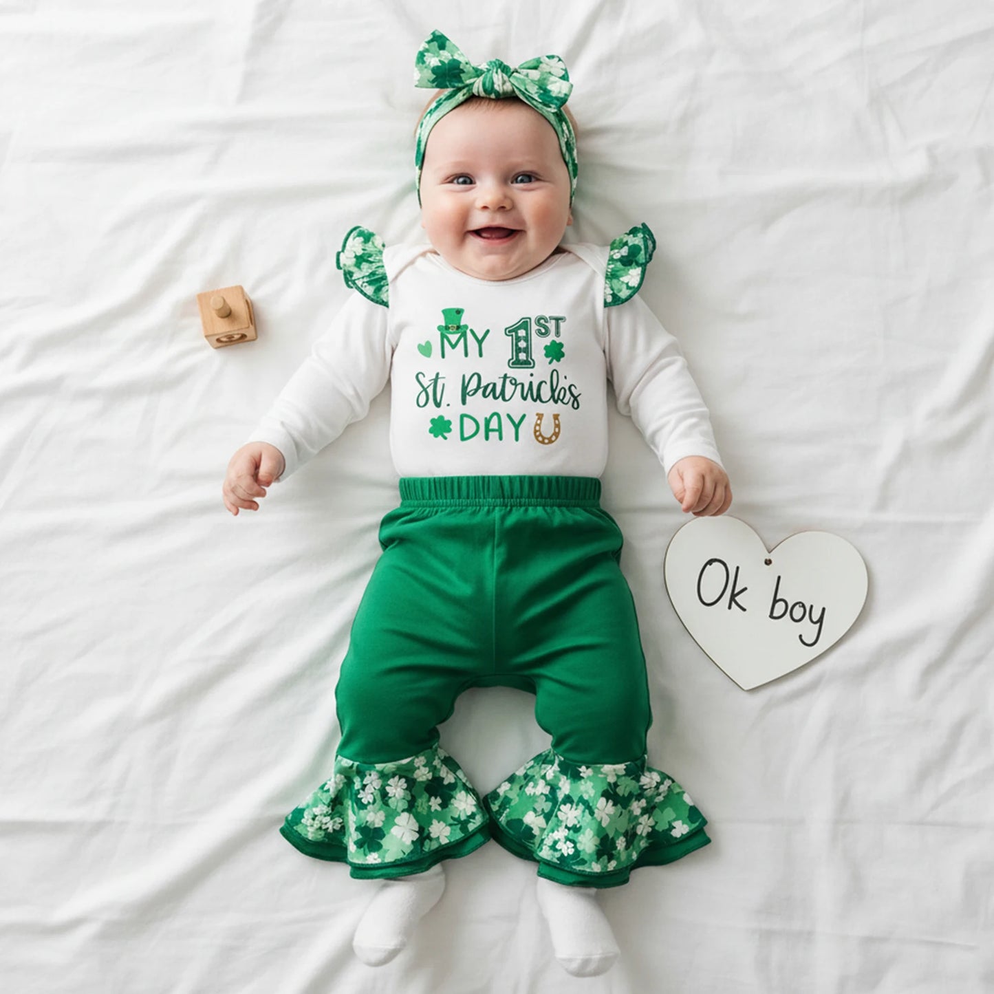 Baby Girls Boys Clover Print Outfit Set - Long Sleeve Romper with Flare Pants & Headband 0-18M