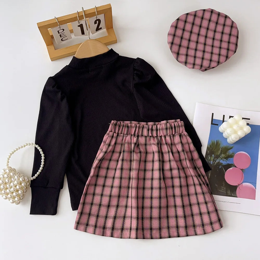 Girls Three Piece Clothes Set Solid Colour High Neck Base Shirt and Plaid Skirt and Hat Set