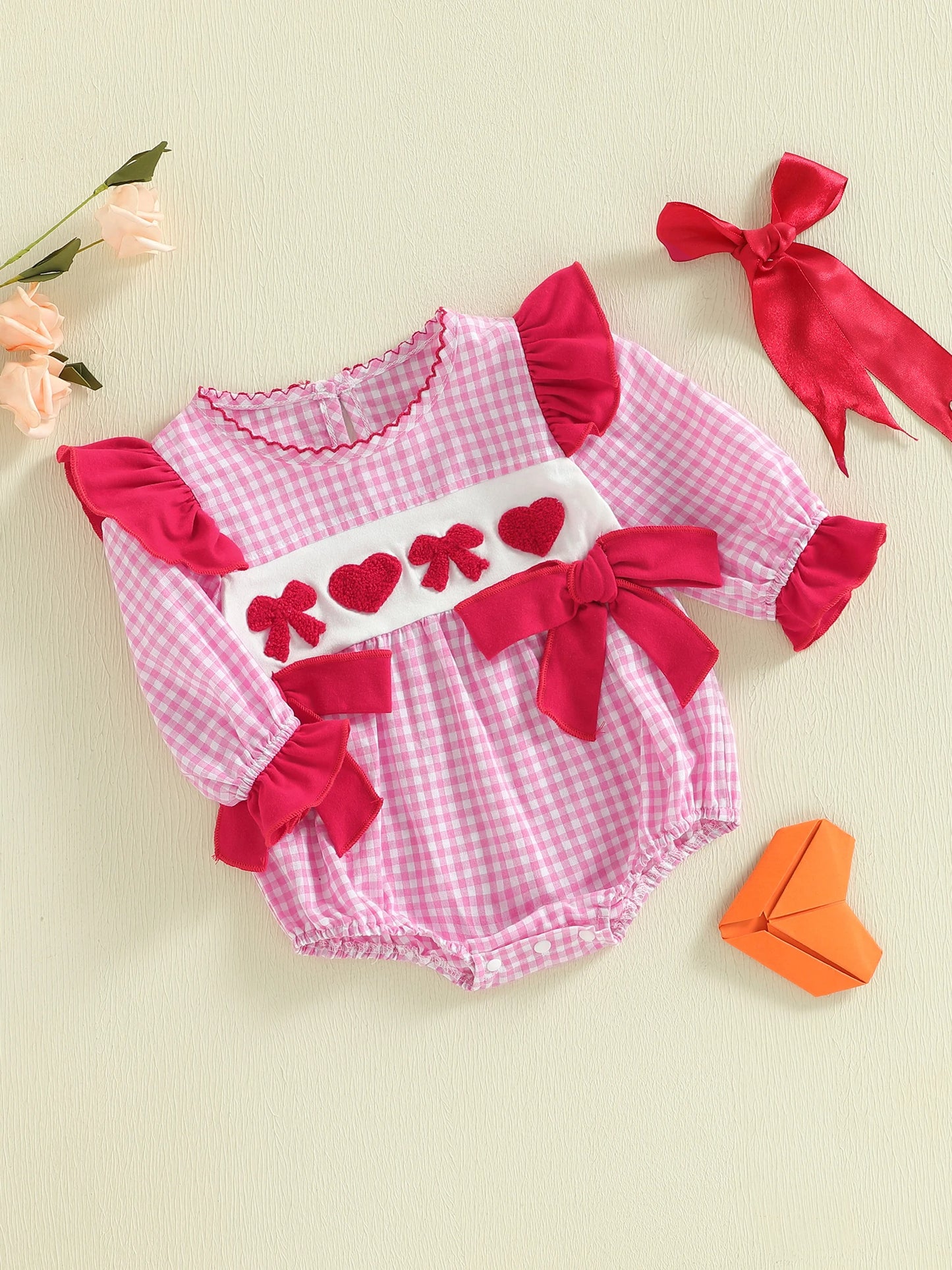 Baby Girls Boys Valentine's Day Plaid Print Bow Heart Embroidered Long Sleeve Romper