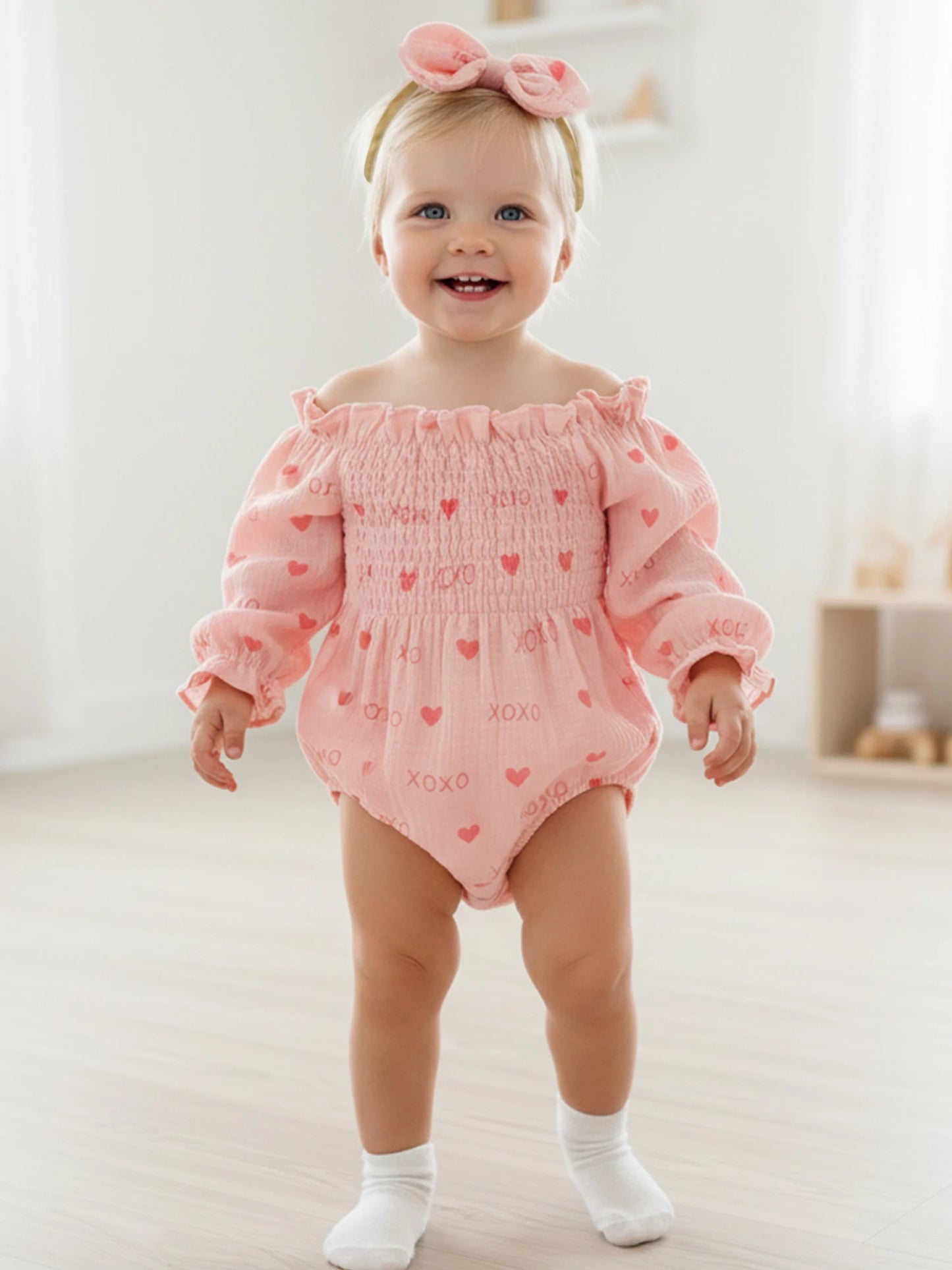 Baby Girls Valentine's Day Romper - Heart Print Smocked Jumpsuit with Headband 0-18M