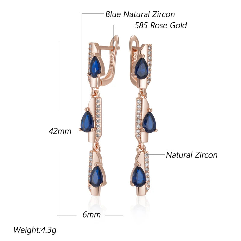 Women's 585 Rose Gold Colour Blue Natural Zircon Geometry Long Dangle Earrings