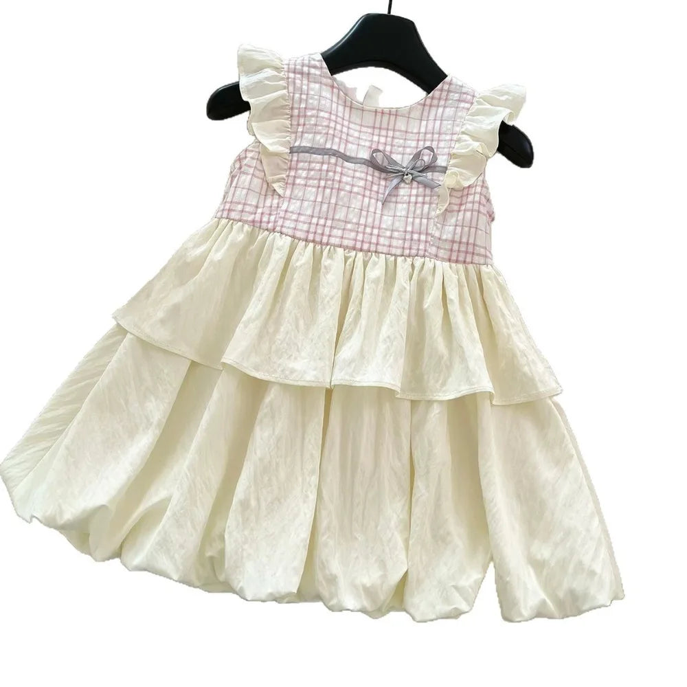 Girl's Summer Round Neck Flying Sleeve Bow Grid Splicing Dress 3-6 years