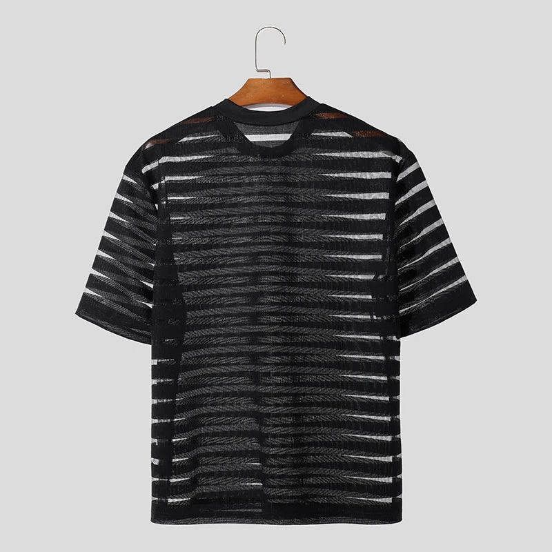 Men's Mesh Striped Round Neck Short Sleeve Transparent T-Shirt