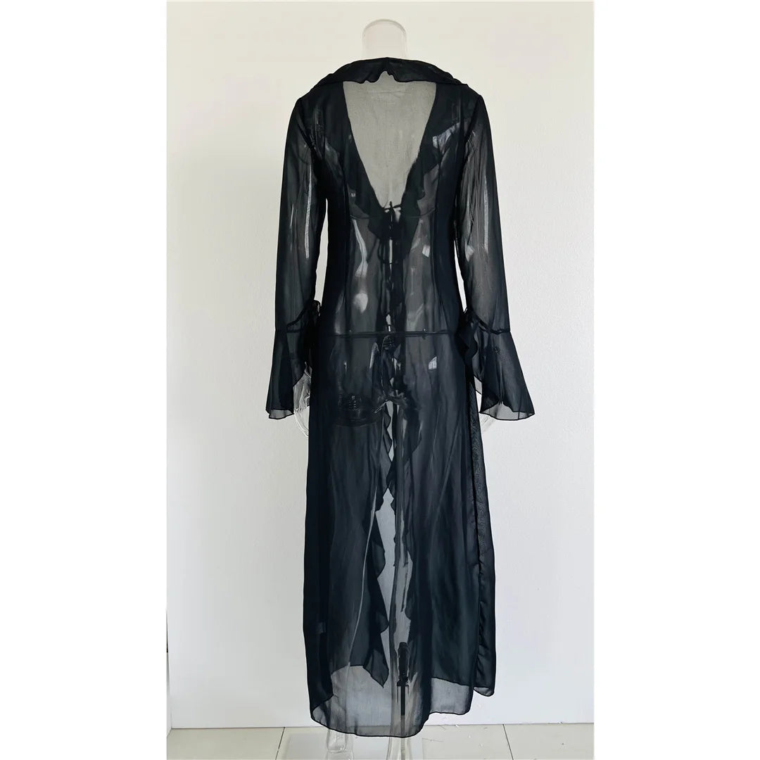 V Neck Ruffled Long Sleeve Chiffon Beach Cover Up Dress