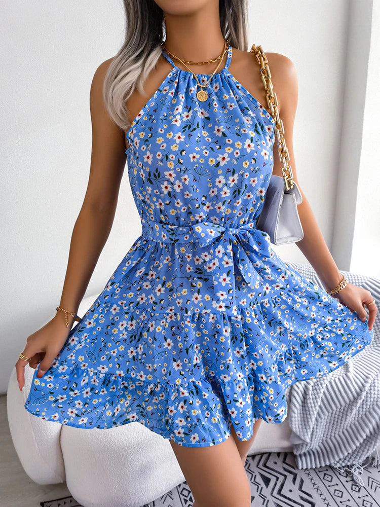 Short Women's Dress - Casual Sleeveless Bandage Ruffle Summer Floral Dress