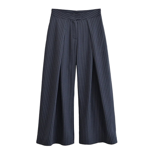 Vintage Striped Pleated Wide Leg Pants - High Waist Office Casual Trousers