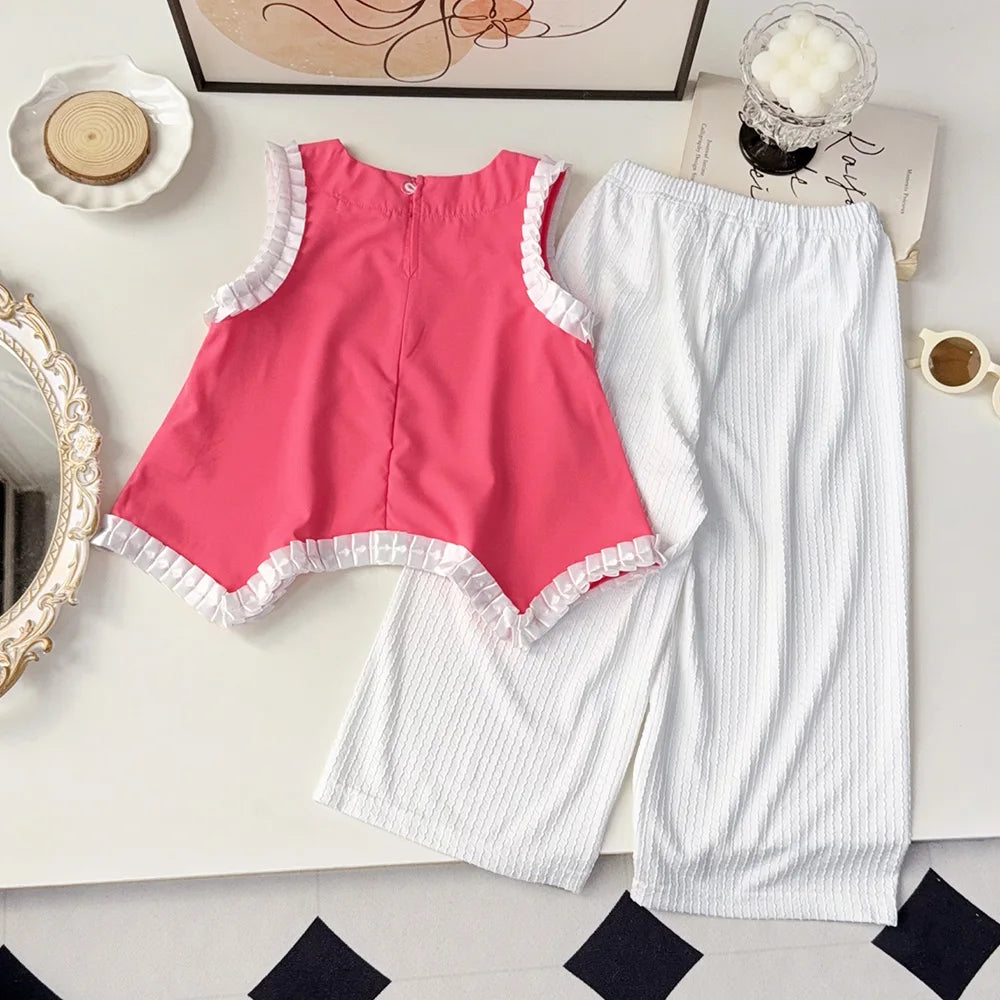 Girl's Round Neck Lace Vest Top and Strip Pants 2-Pcs Set Summer Girl Clothes 3 To 7 Years