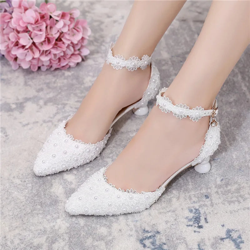 Women's 5cm Round Heel Shaped Heel Pearl Sandals