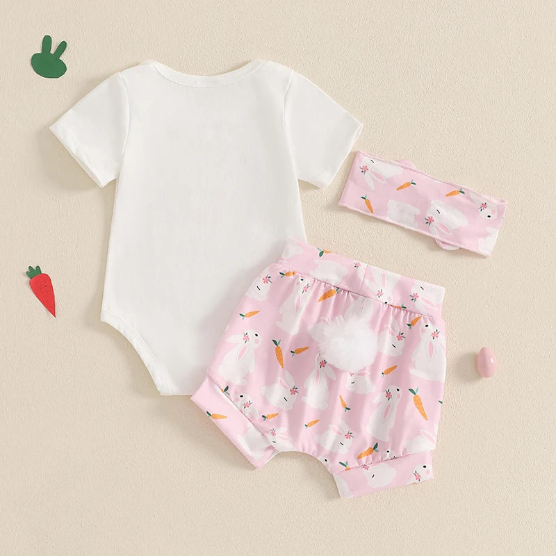 Baby Girls' Easter Outfit Set - Letter Print Romper, Carrot Bunny Shorts & Headband 3pcs