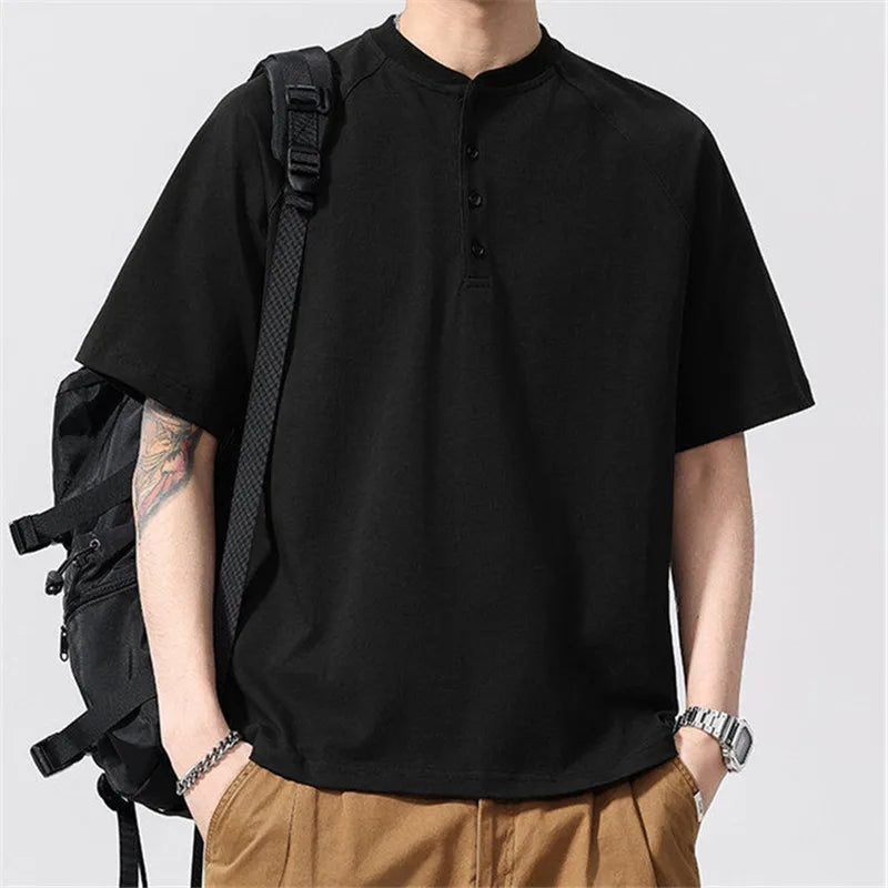 Men's Summer Henry Collar Short Sleeve Cotton Loose Casual Pullover Breathable T-Shirt