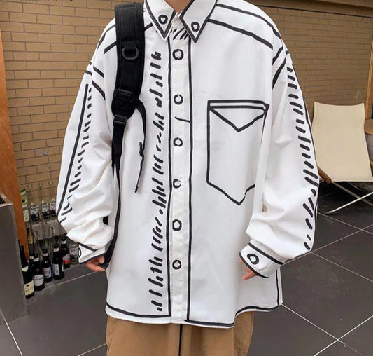 Men's Manga Cartoon Printed Line Loose Long Sleeved Shirt