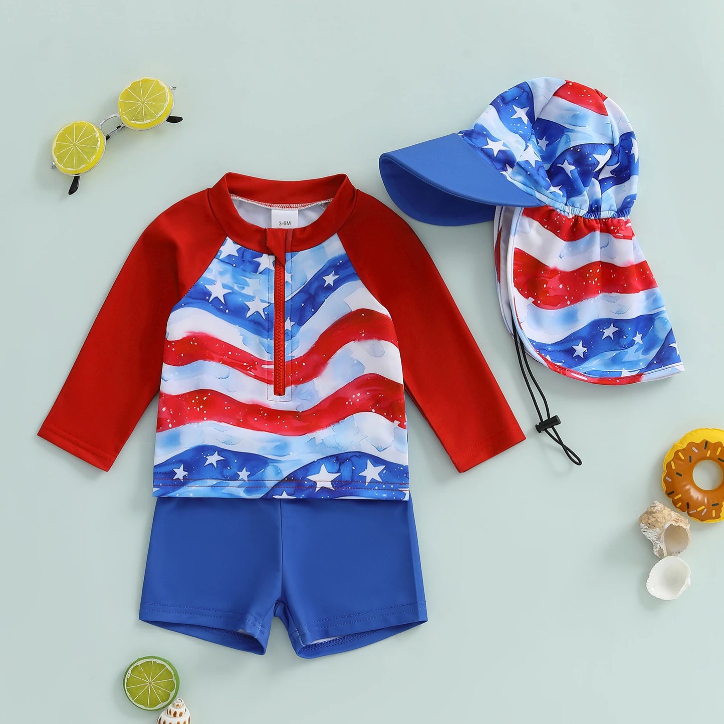 0-5Y American Flag Kids Boys 4th Swimwear Clothes Sets Long Sleeve Stars Print T-shirt with Shorts and Hat