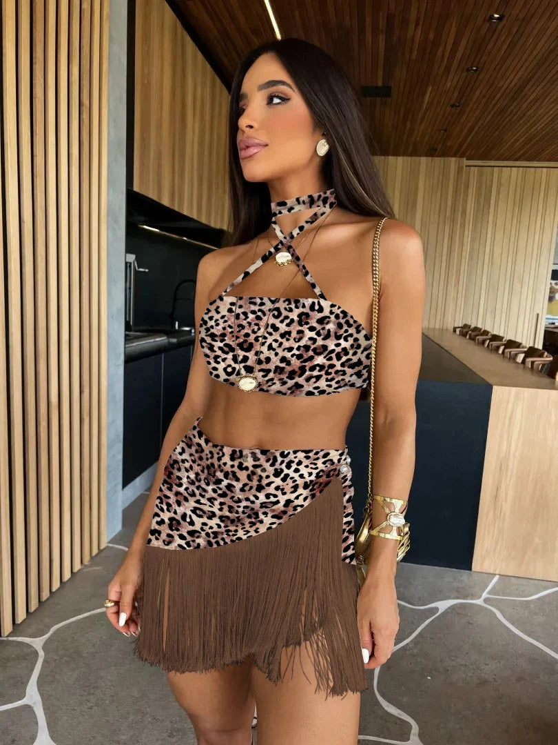 Women's Two Piece Halter Lace Bra Tassel Mini Skirt Set