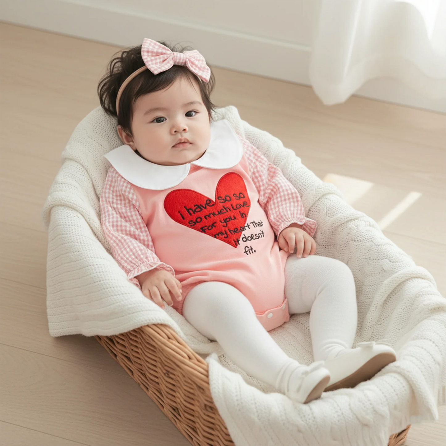 Baby Girls Boys Valentine's Day Letter Heart Embroidery Plaid Long Sleeve Doll Collar Romper