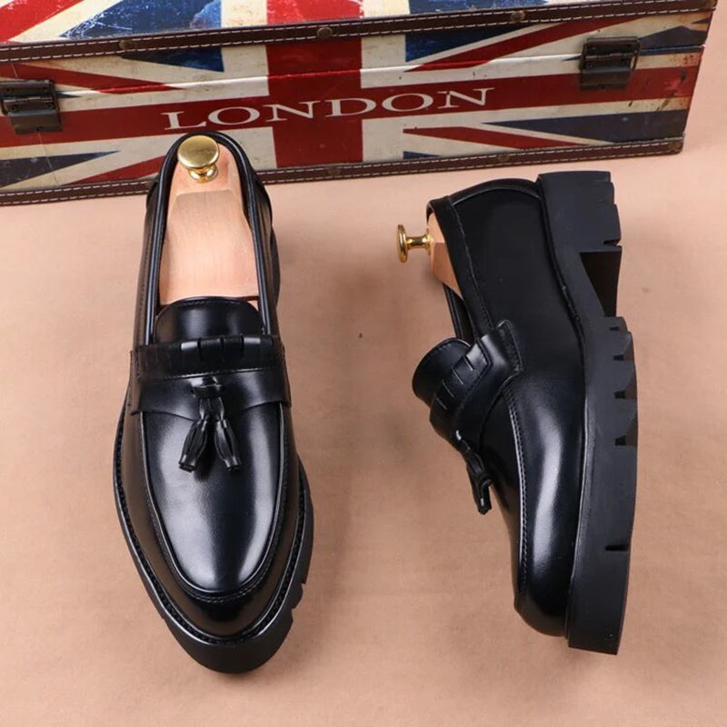 Men's Casual Soft Leather Slip on Tassels Black Tide Platform Loafers Shoes