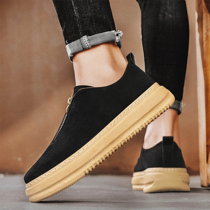 Men's Suede Leather Platform Work Shoes - Zipper Casual Business Sneakers