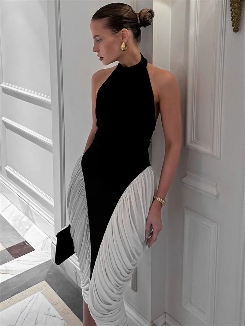 Women's Patchwork Halter Backless Midi  Contrast Color Sleeveless Pleated Long Dress