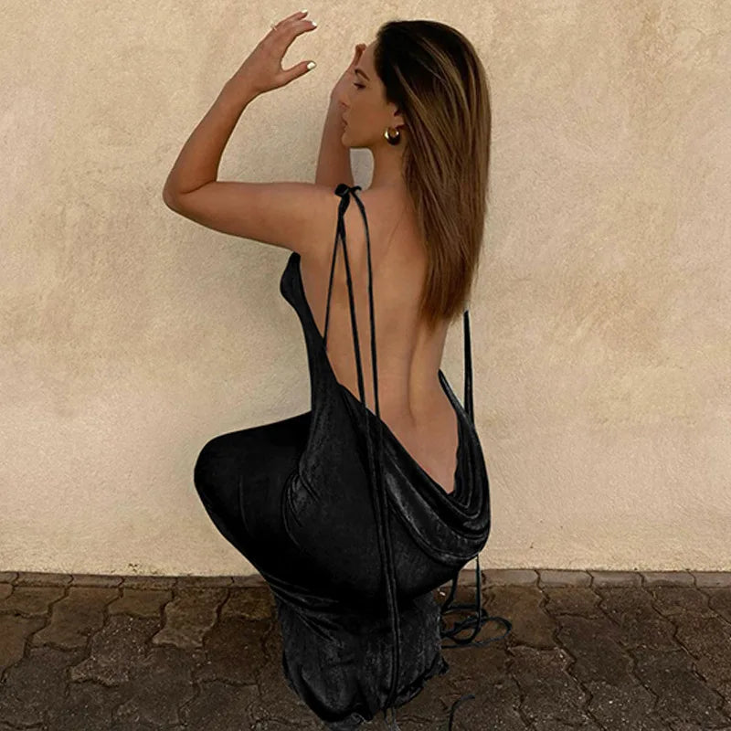 Women's Halter Backless Draped Maxi Dress - Long Straps Shift Dress