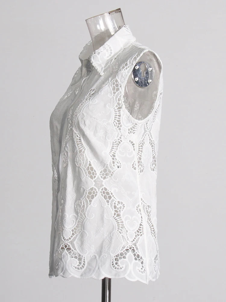 Women's Solid Hollow Out Two Piece Set - Stand Collar Sleeveless Top & Wide Leg Trousers