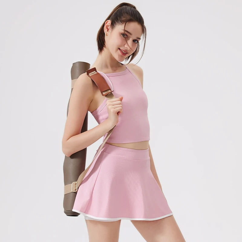Women's Two-Piece Fitness Set - Yoga Top & Skort with Built-in Shorts
