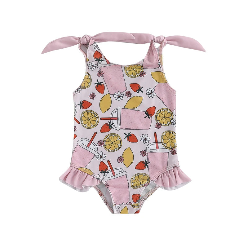0-5Y Toddler Kids Girls Summer Swimsuits Cartoon Ice Cream Print Tie up Strap Ruffled Swimwear