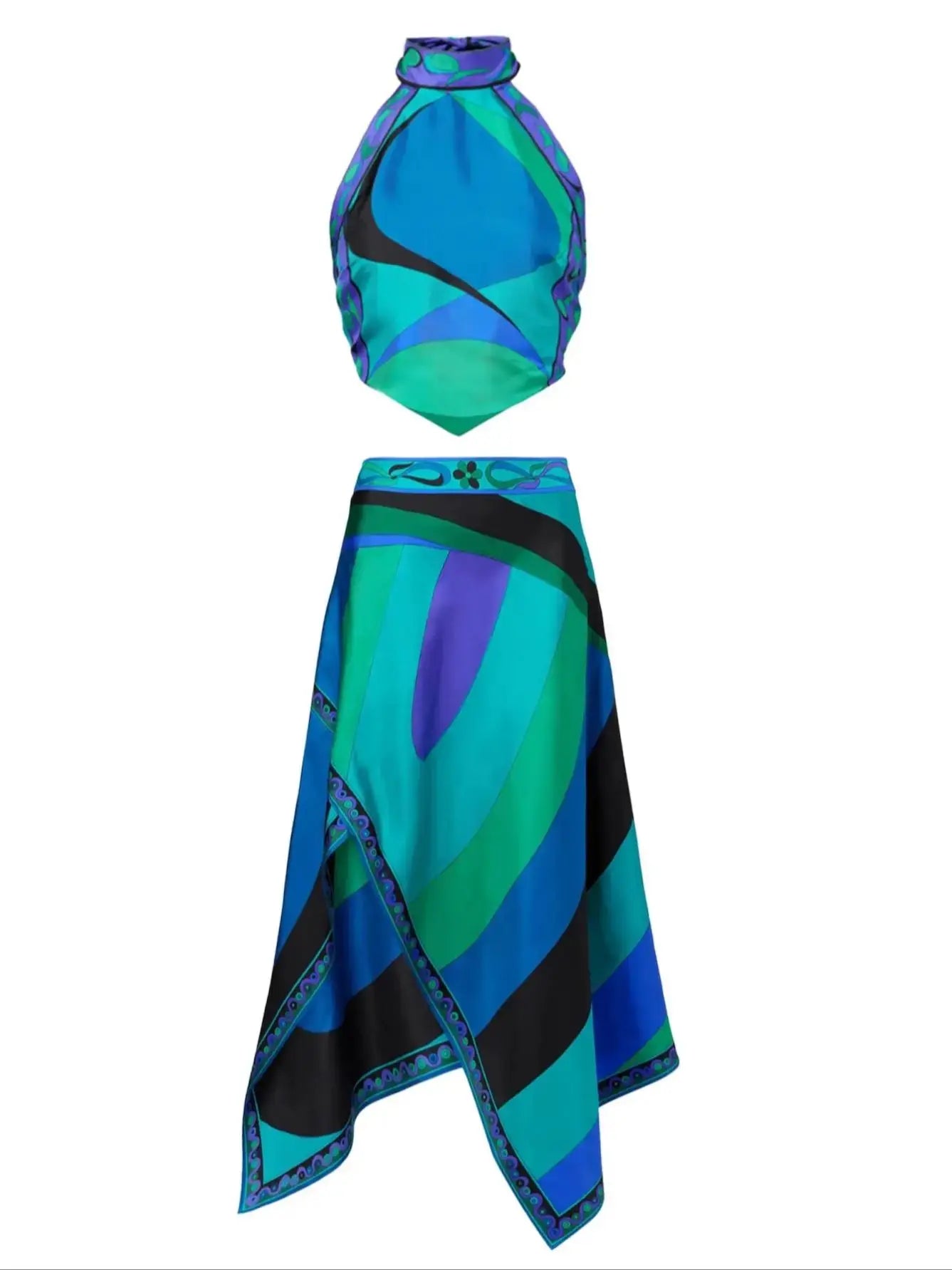 Women's Print Two Piece Skirt  Halter Beach Dress  Bra High Waist A-line Long Skirt Suit Summer  Set