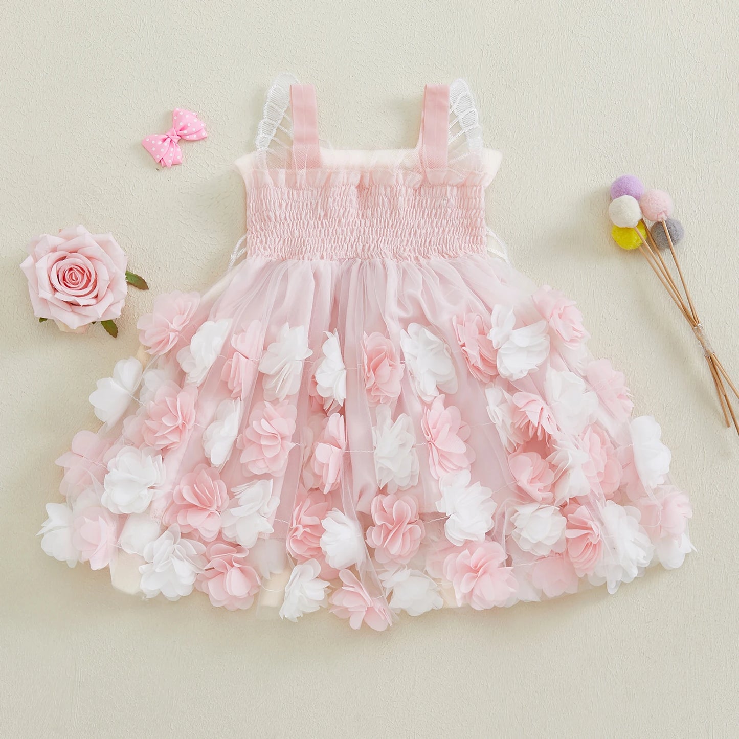 0-4Y Kids Girls Sleeveless Strap 3D Roses Lace Tulle Layered Dress with Wings