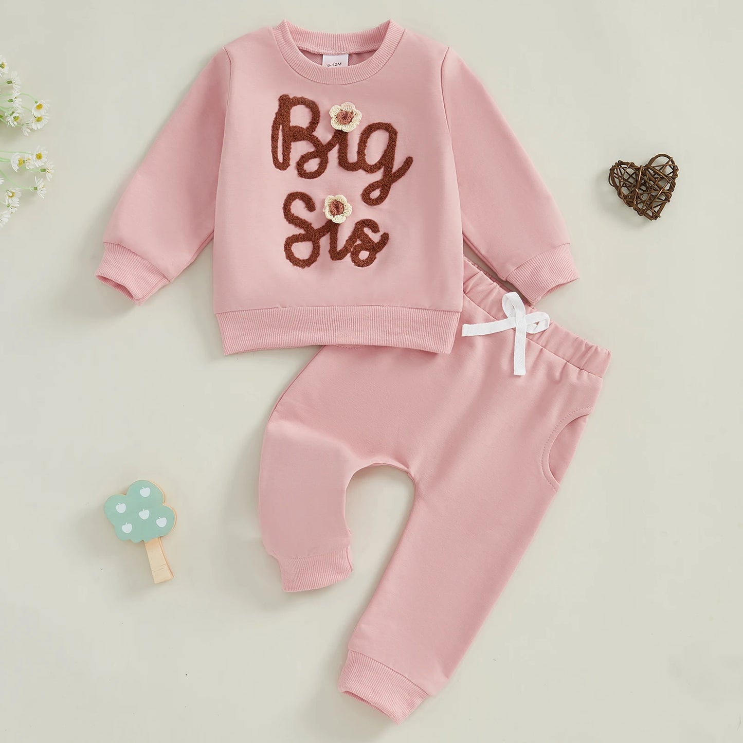 0-4Y Kids Girls Long Sleeve Letter Flower Embroidery Sweatshirt Top Drawstring Pants